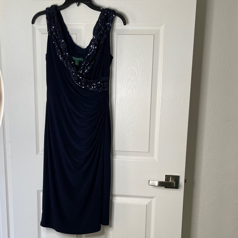 Lauren Ralph Lauren Evening Midnight Blue Sequin Side Gathered Tank Midi Dress